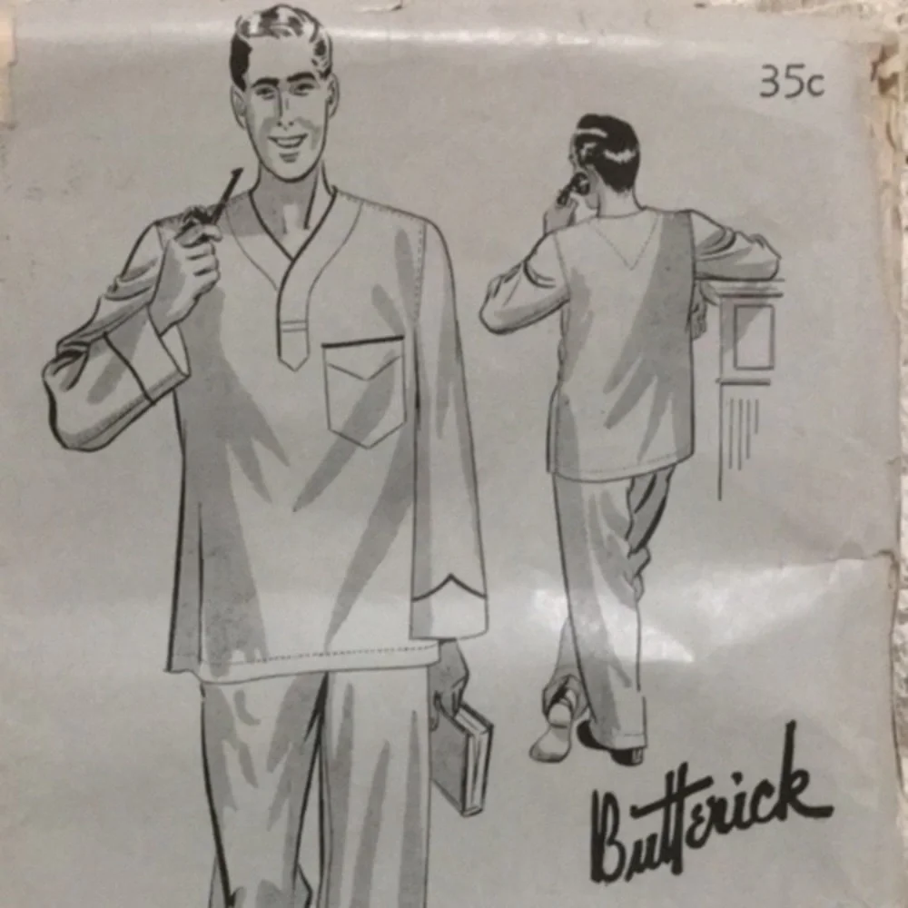 40s men’s pajamas sewing pattern, Butterick 1111, chest 42”